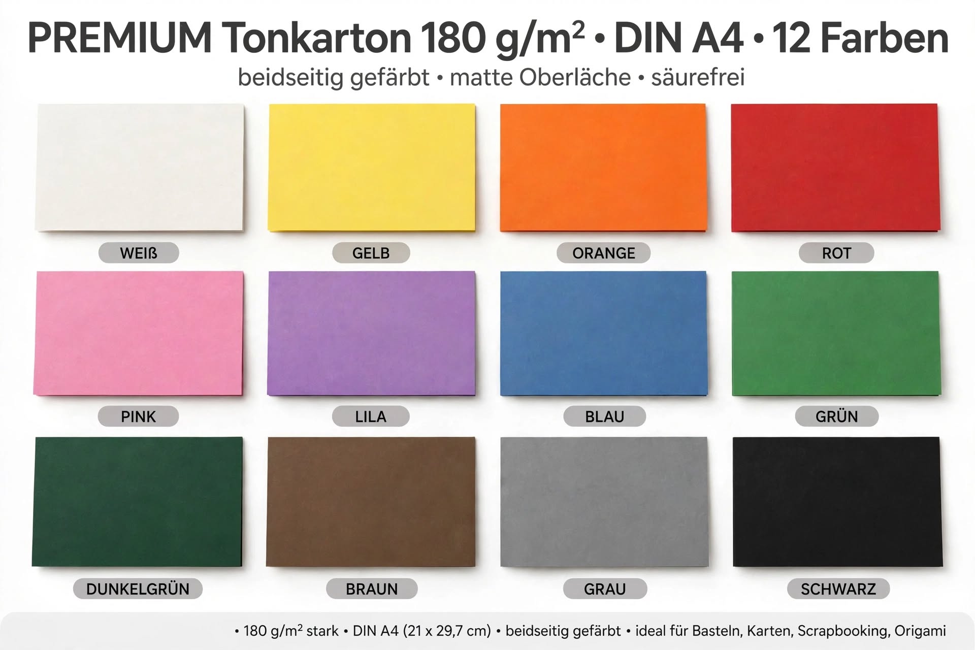 PREMIUM Tonkarton 180 g/m² | 12 Farben | 120 Bogen Set - DIN A4